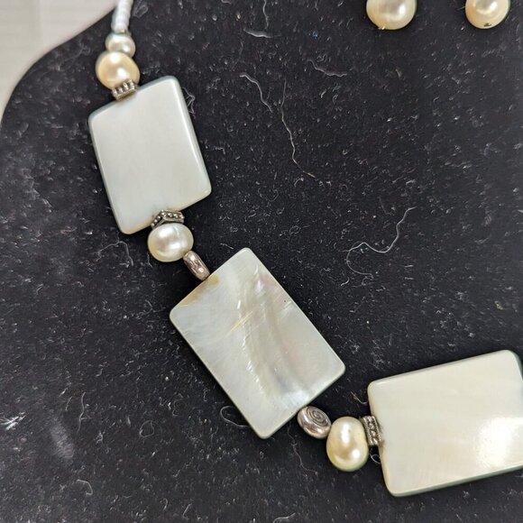 White Natural Square Mother of Pearl Necklace Earrings Natural Pearl Bead - Picture 8 of 10
